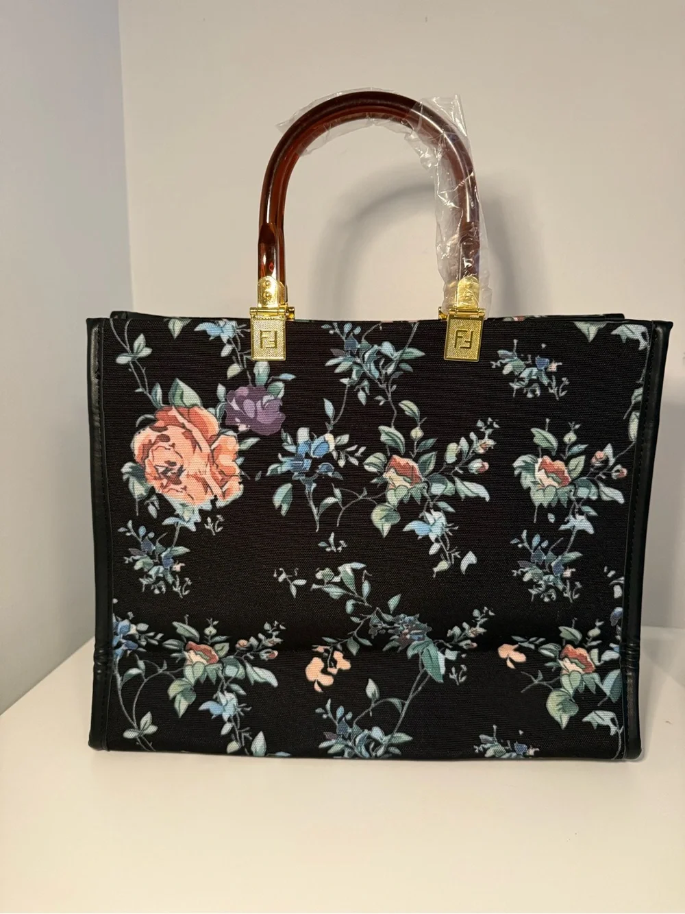 Floral Print Black Tote Bag with Brown Top Handles